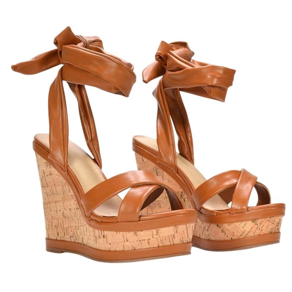XY London Womens/Ladies Kammie Cork Lace Up Strappy Wedge Sandals / Tan